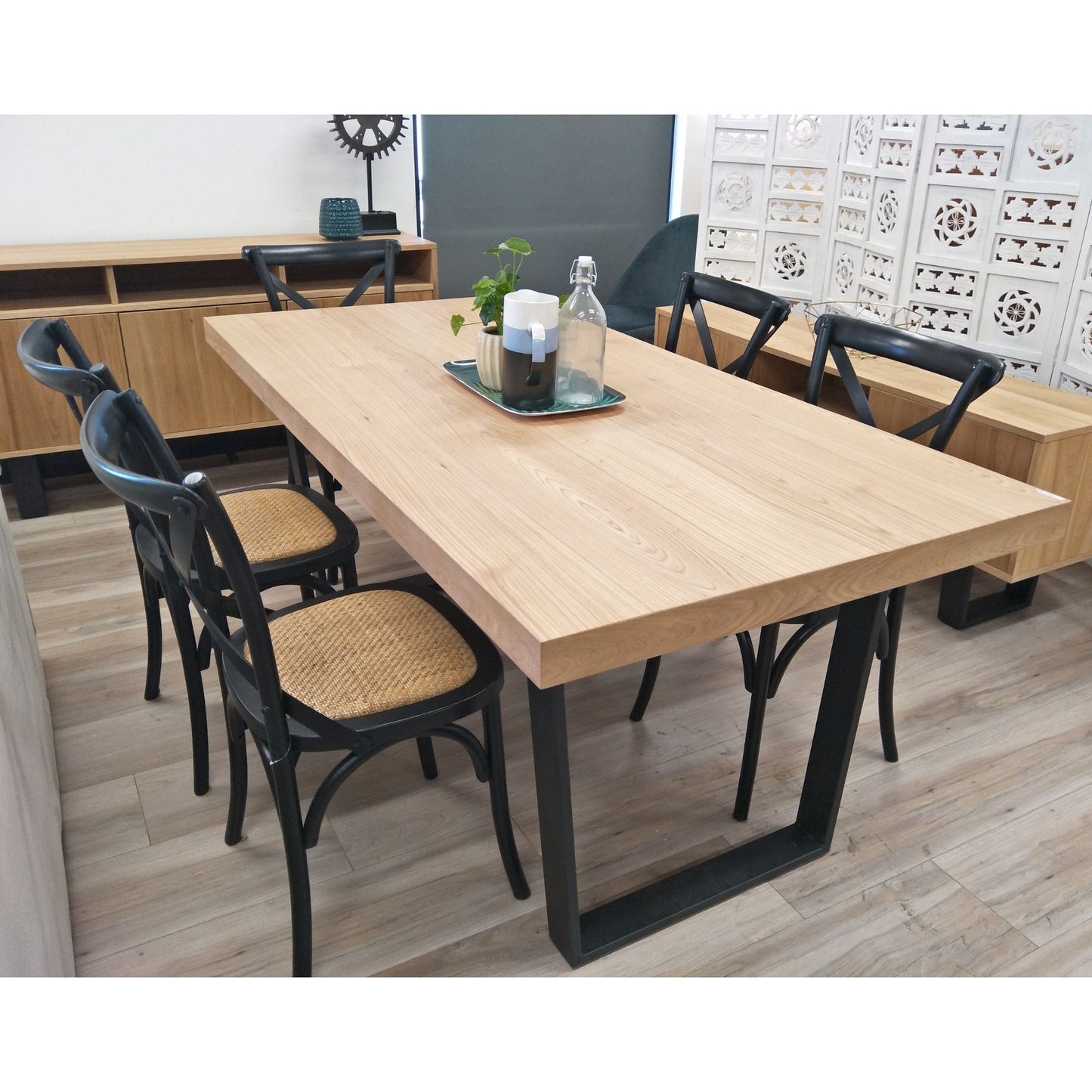 7pc 180cm Dining Table Set 6 Cross Back Chair Elm Timber Wood Metal Leg