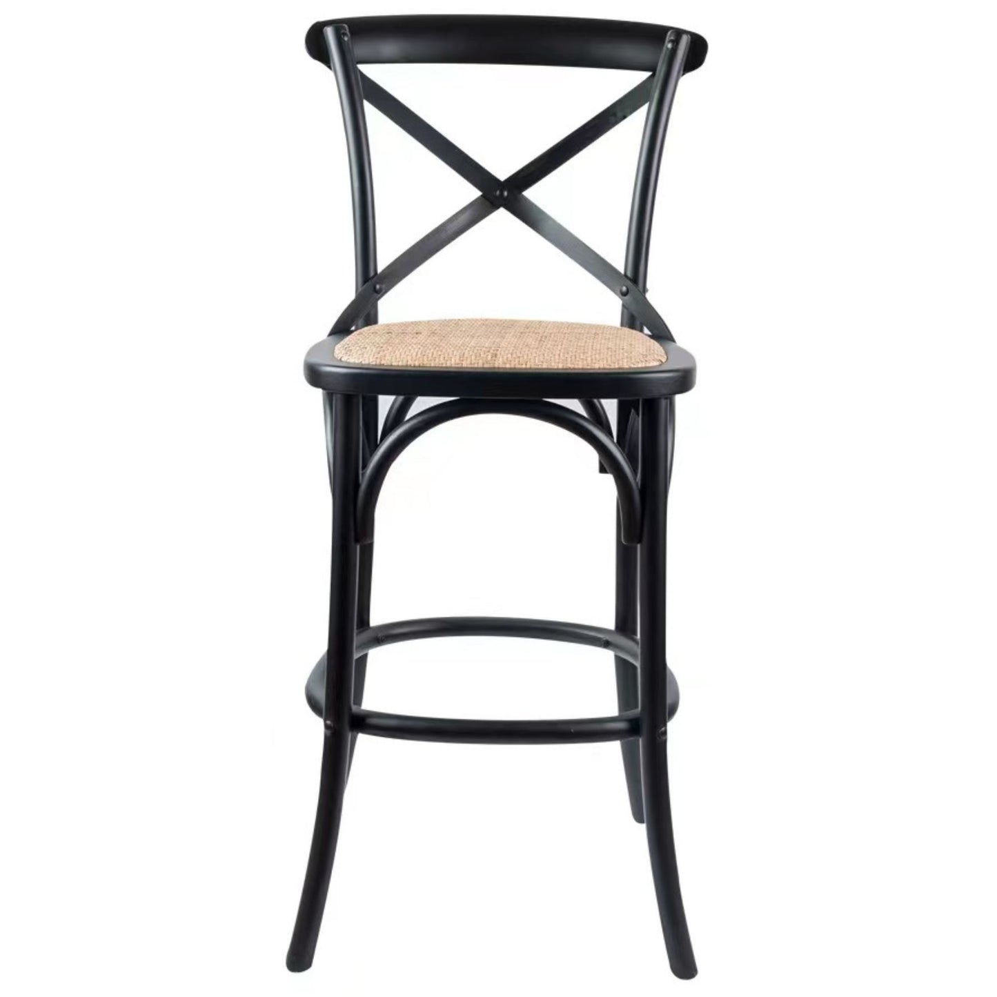 Crossback Bar Stools Dining Chair Solid Birch Timber Rattan Seat - Black