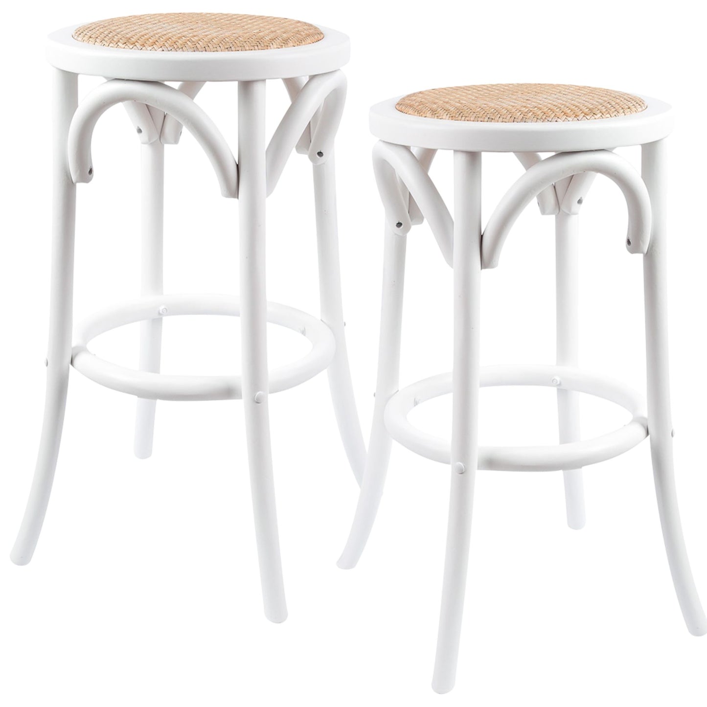 Aster 2pc Round Bar Stools Dining Stool Chair Solid Birch Wood Rattan Seat White