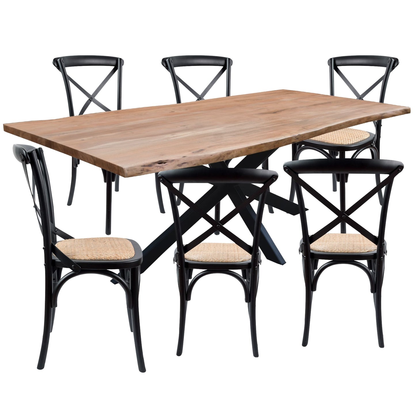 Lantana 7pc 210cm Dining Table 6 Black X-Back Chair Set Live Edge Acacia Wood