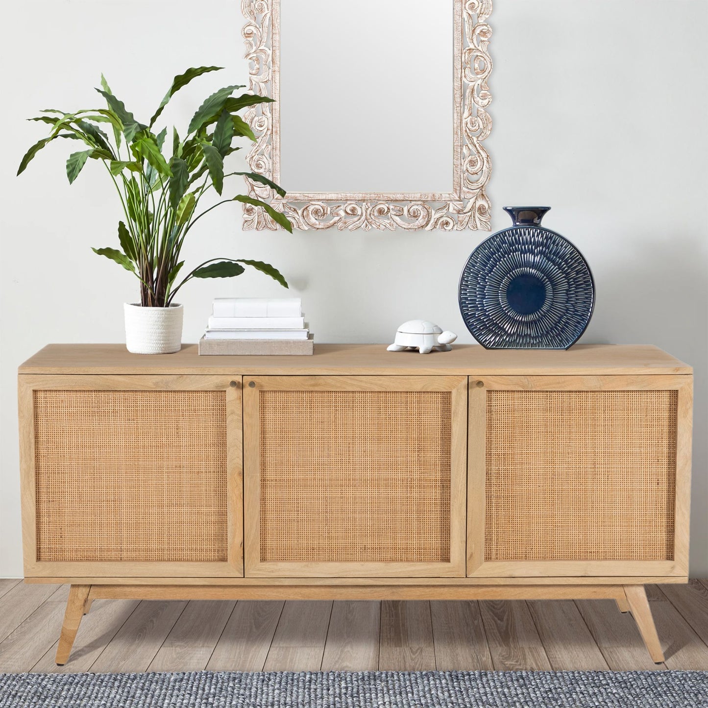 Buffet Table 150cm 3 Door Solid Mango Wood Storage Cabinet Natural