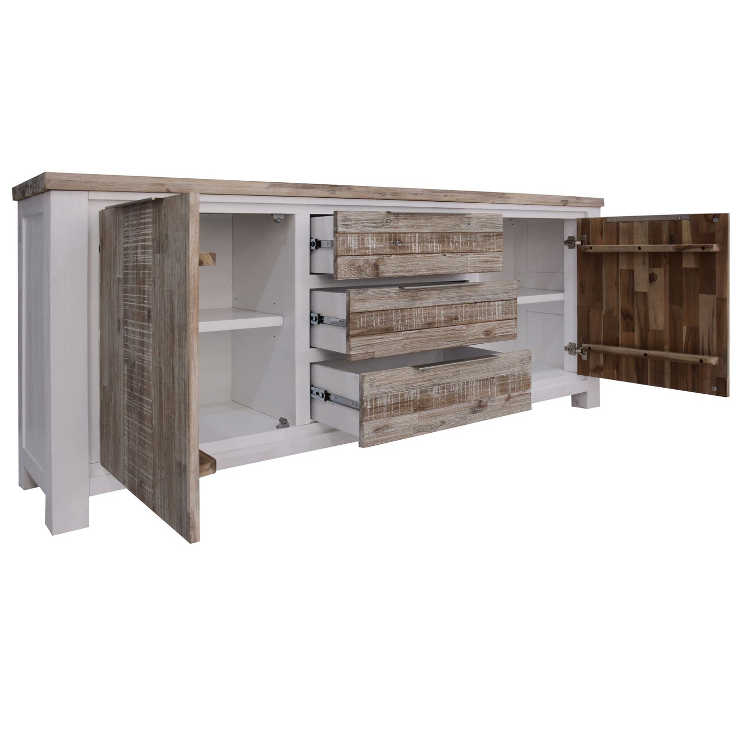 Buffet Table 200cm 2 Door 3 Drawer Solid Acacia Timber - White Brush