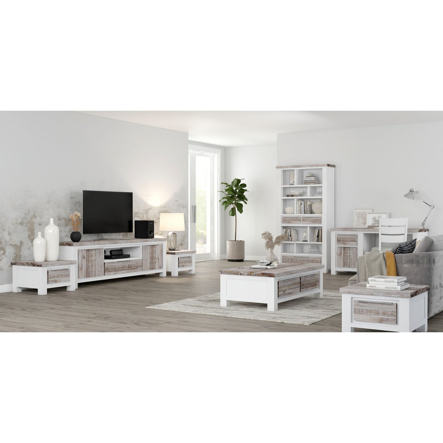 Entertainment TV Unit 210cm 2 Door Solid Acacia Timber -White Brush