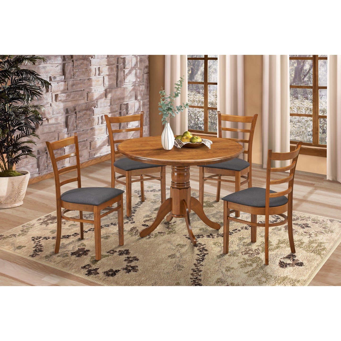 5pc Dining Set 106cm Round Pedestral Table 4 Fabric Seat Chair - Walnut