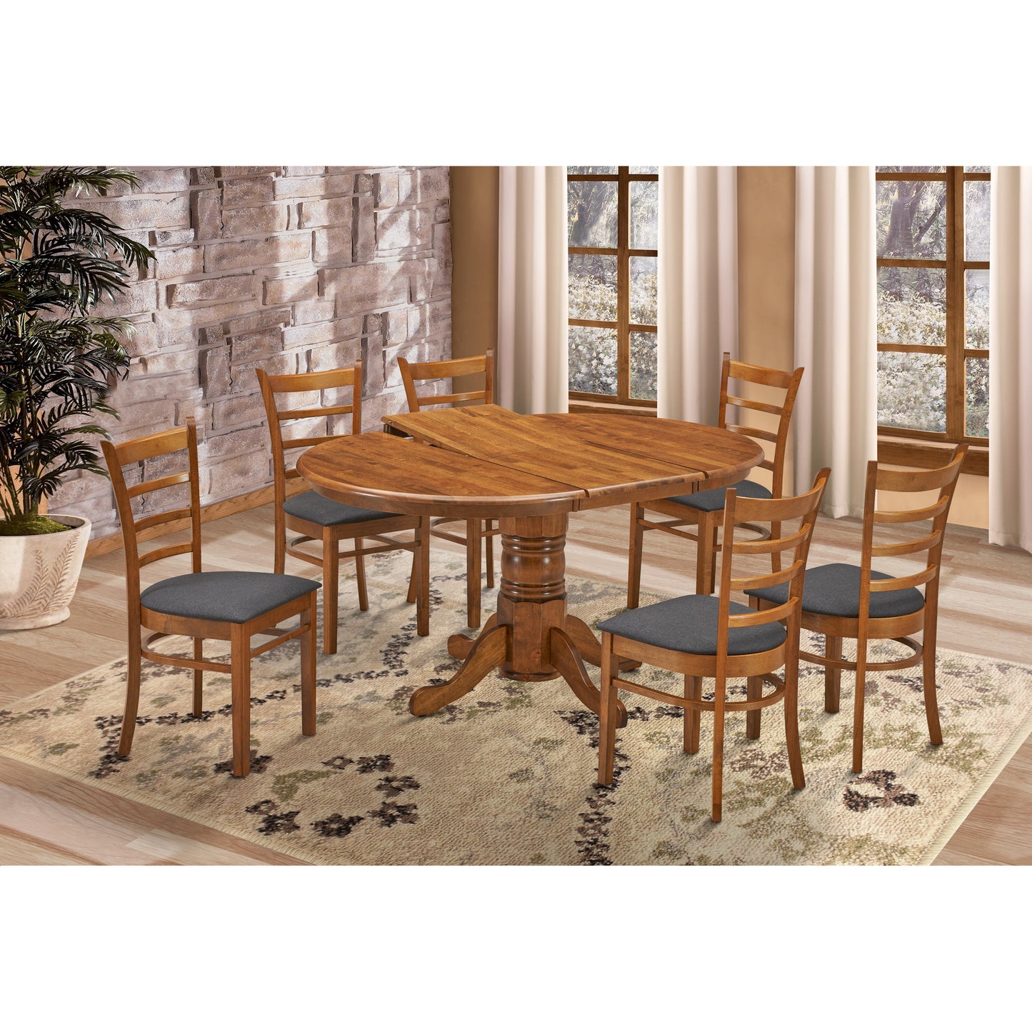 7pc Dining Set 150cm Extendable Pedestral Table 6 Timber Chair - Walnut