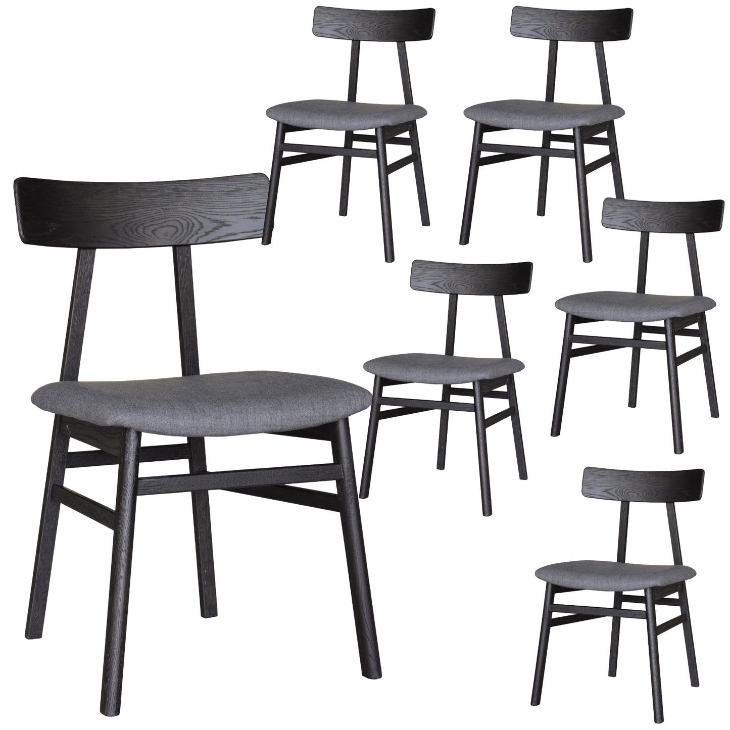 Claire Dining Chair Set of 6 Solid Oak Wood Fabric Seat Furniture - Black