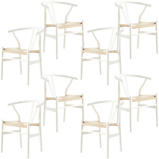 Anemone  Set of 8 Wishbone Dining Chair Beech Timber Replica Hans Wenger - White