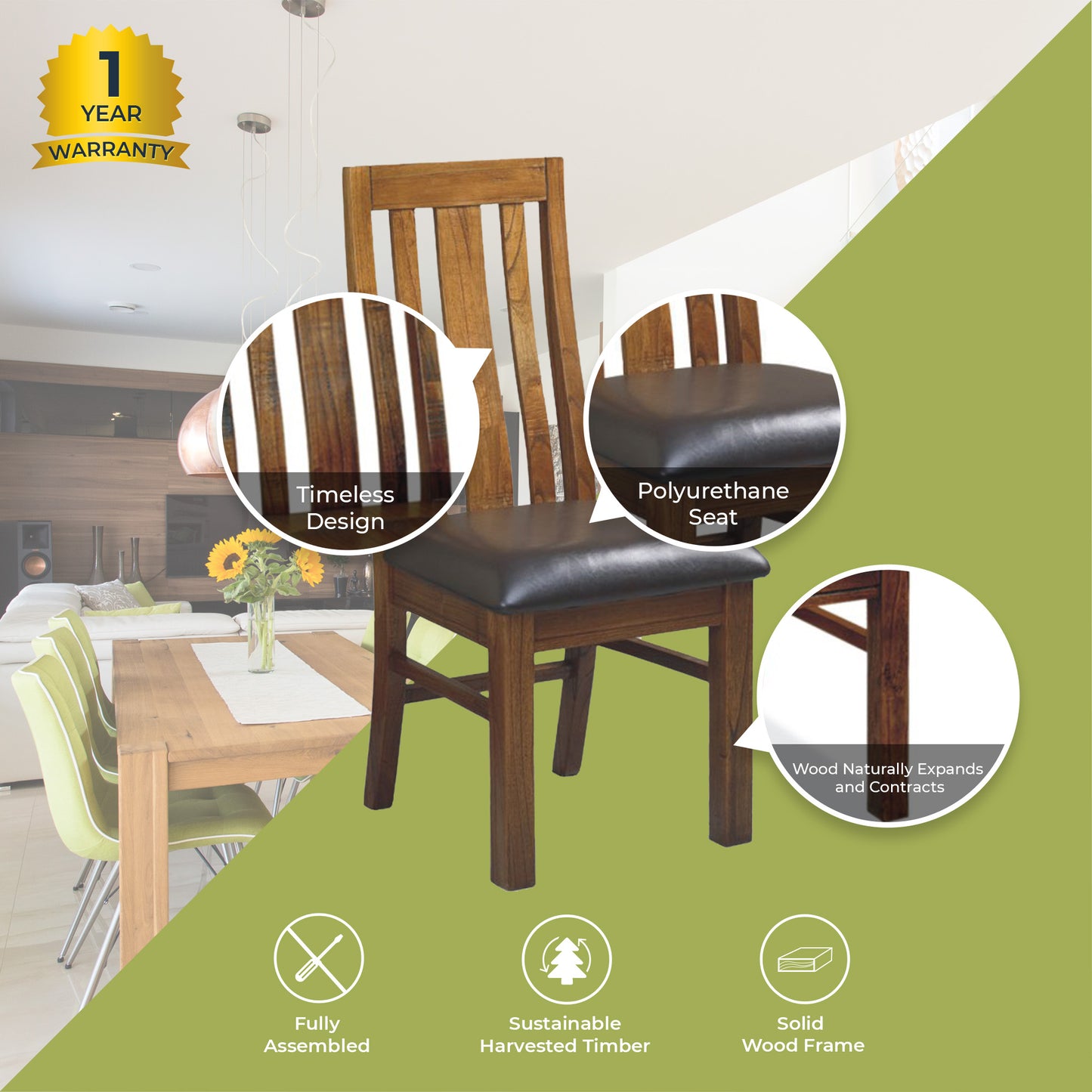 PU Seat Dining Chair Set of 2 Solid Ash Wood Dining Furniture -Brown