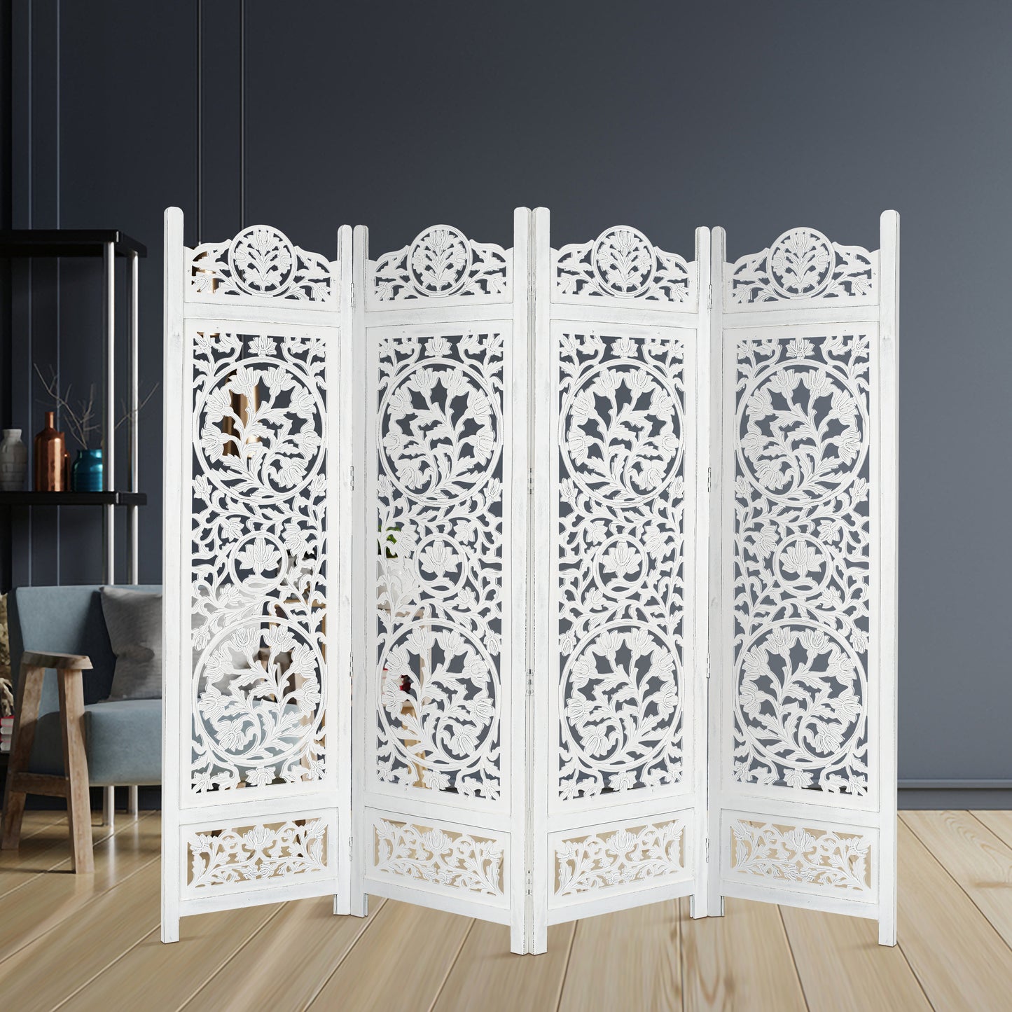 Room Divider Screen Koch 4 Panel Privacy Shoji Timber Wood Stand - White