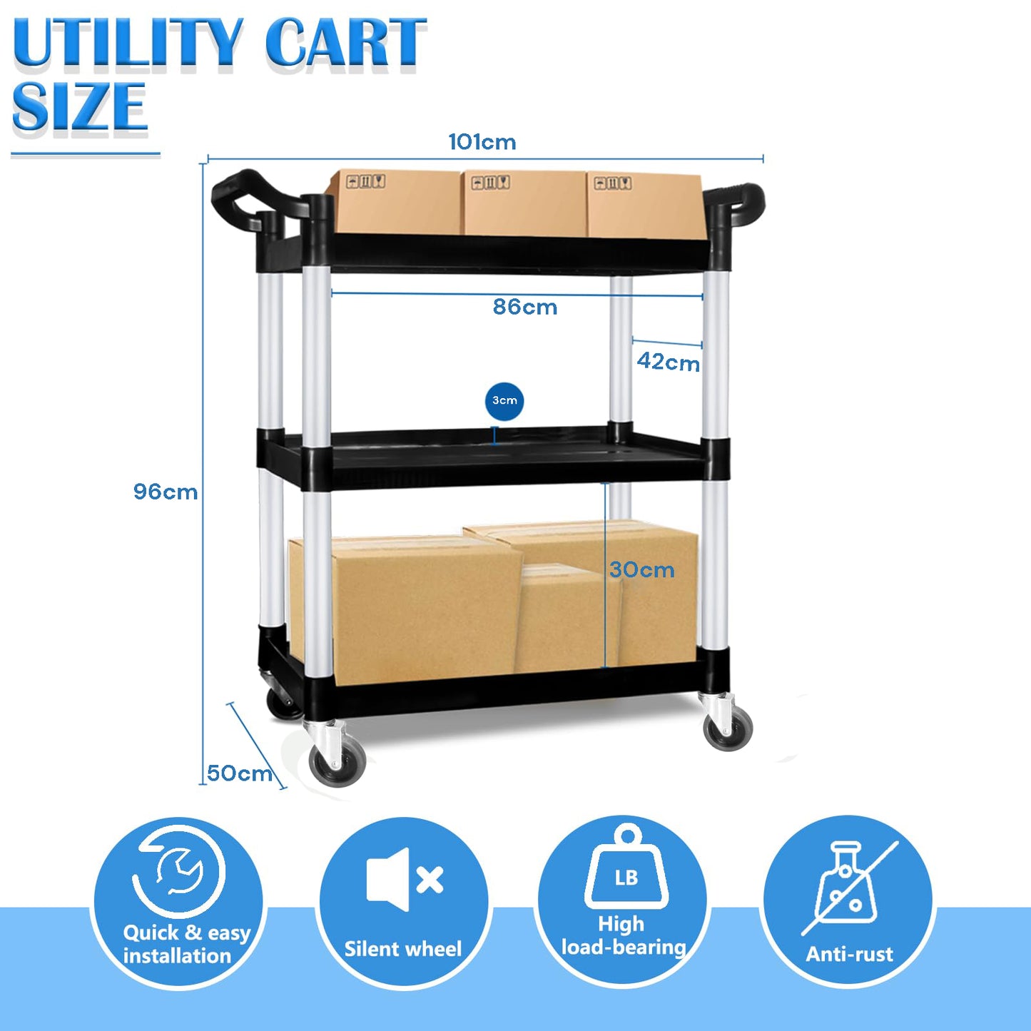 3 Tier Large Service Food Cart Restaurant Trolley Utility Cart Kitchen Catering Shelf Storage