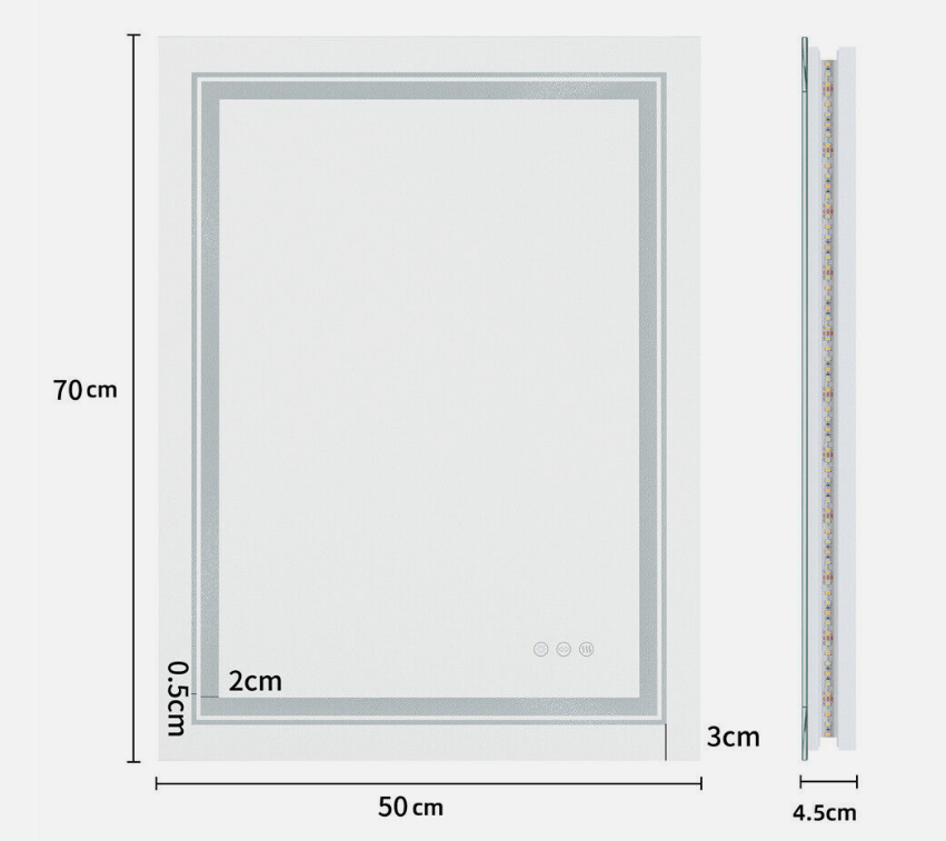 LED Rectangle Frameless Salon / Bathroom Wall Mirror - 70 x 50cm