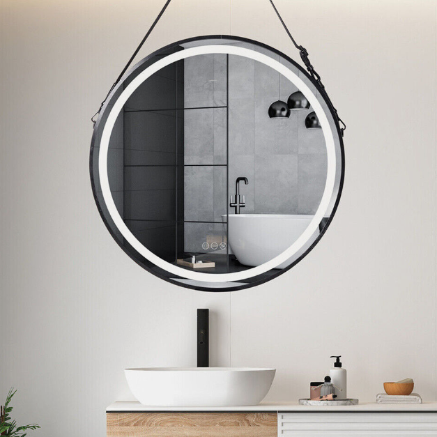 LED Round Hanging Salon / Bathroom Wall Mirror - Black - 60cm