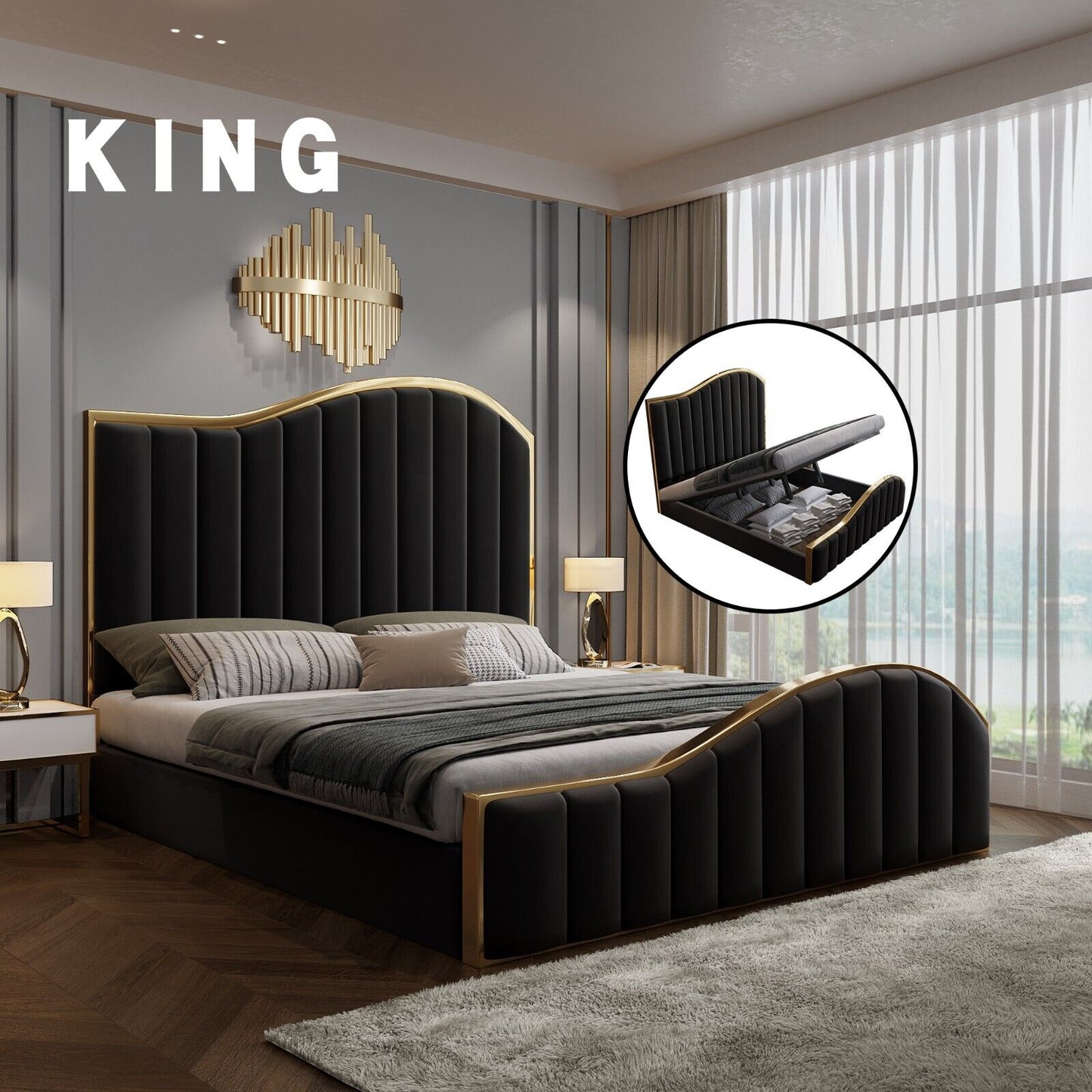 King Size Elegant Luxury Bedframe with Gas Lift Storage Charcoal Velvet Fabric Golden Trim