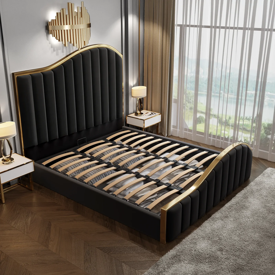 King Size Elegant Luxury Bedframe with Gas Lift Storage Charcoal Velvet Fabric Golden Trim