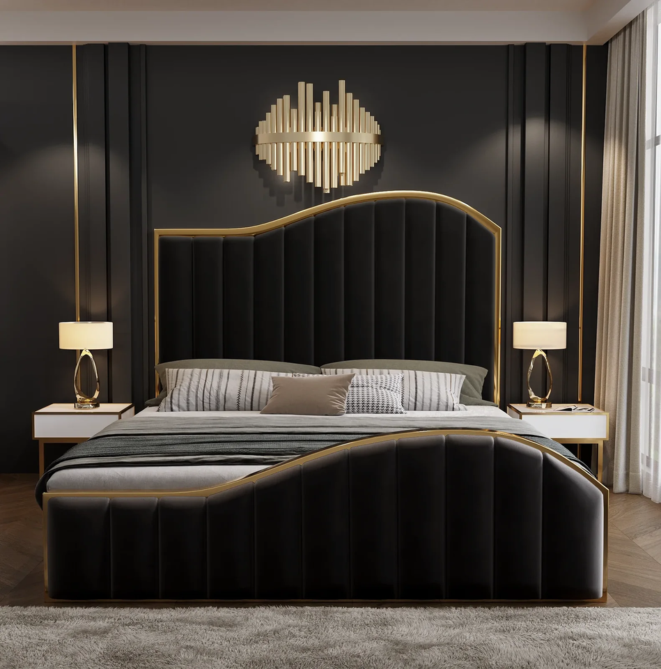 King Size Elegant Luxury Bedframe with Gas Lift Storage Charcoal Velvet Fabric Golden Trim