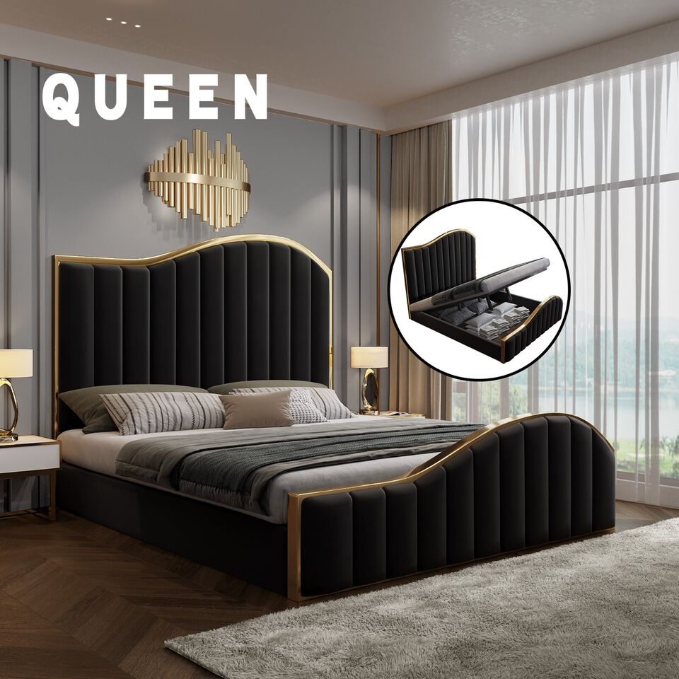 Queen Size Black Velvet Fabric Golden Metal Storage Elegant Luxury Bedframe