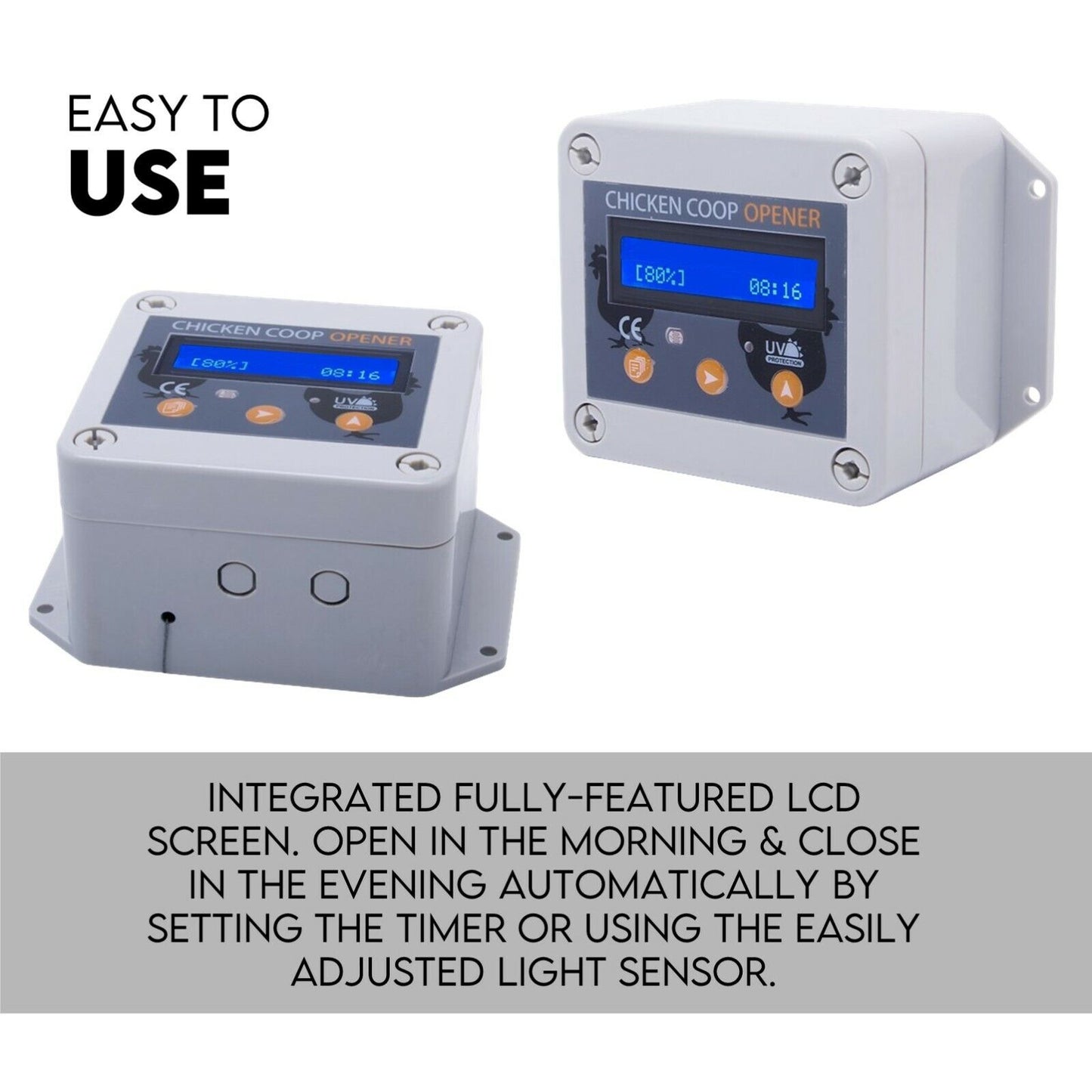 Chicken Coop Door with Digital LCD Screen to manage Timer and Sensor