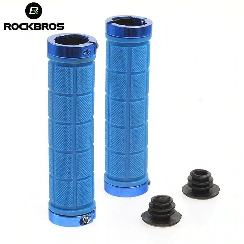 Bike Handlebar Grips MTB Mountain BMX Bike Bicycle Soft BLUE Fixed Double Lock Screw Tight Grips - Easy Fit - Rockbros