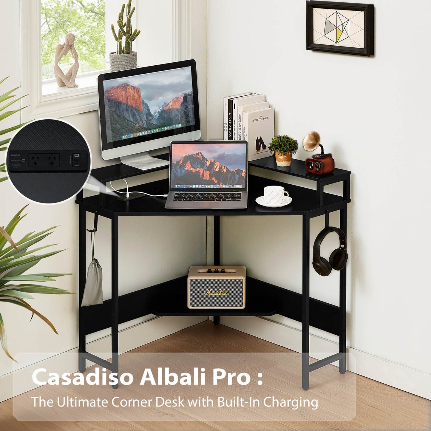 Casadiso L-Shaped Computer Desk with Charging Station, Black Gaming Desk with Built-in Power Board - (Casadiso Albali Pro)