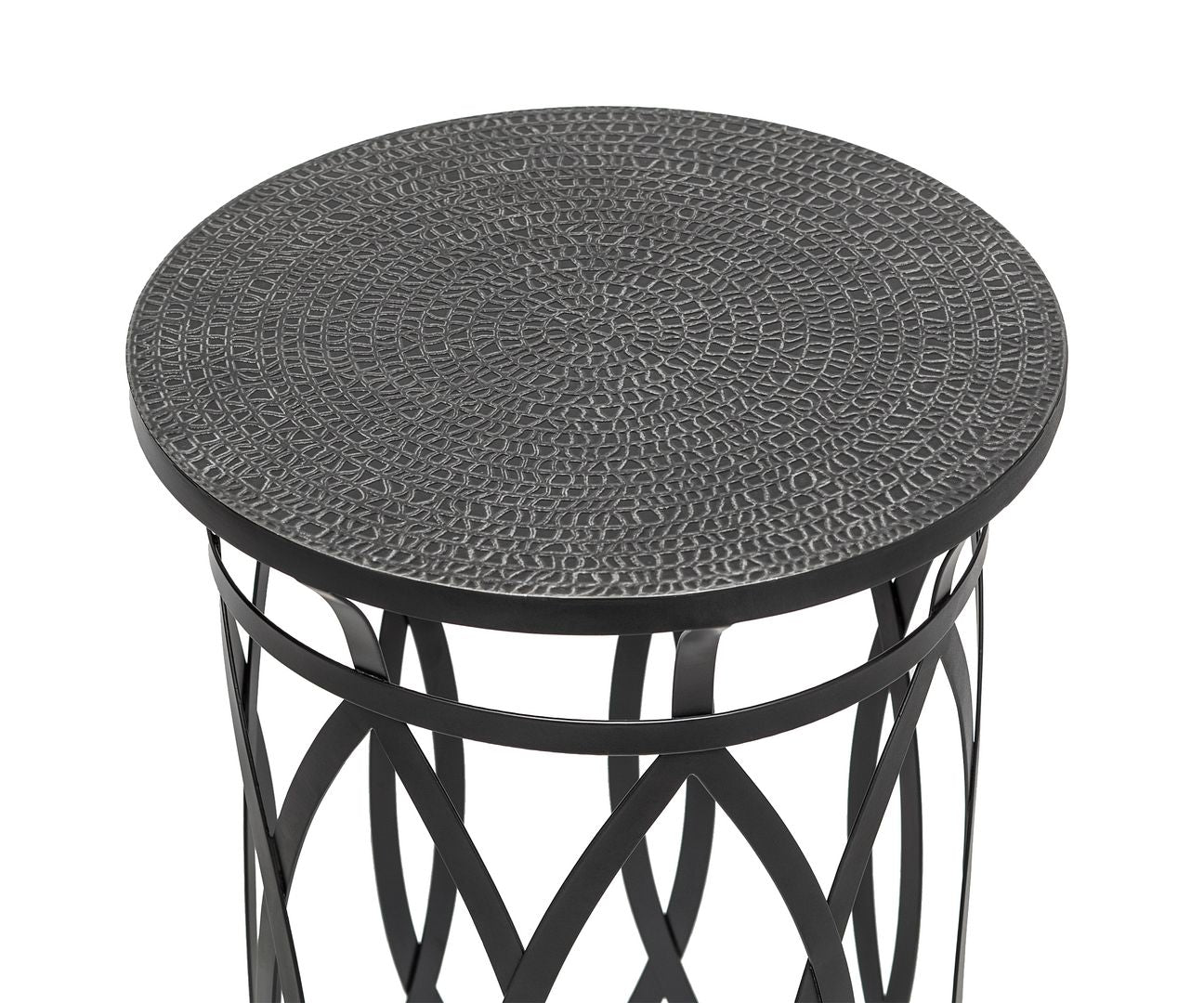 Black Round Iron Side Table with Cross Legs and Silver Finish Top