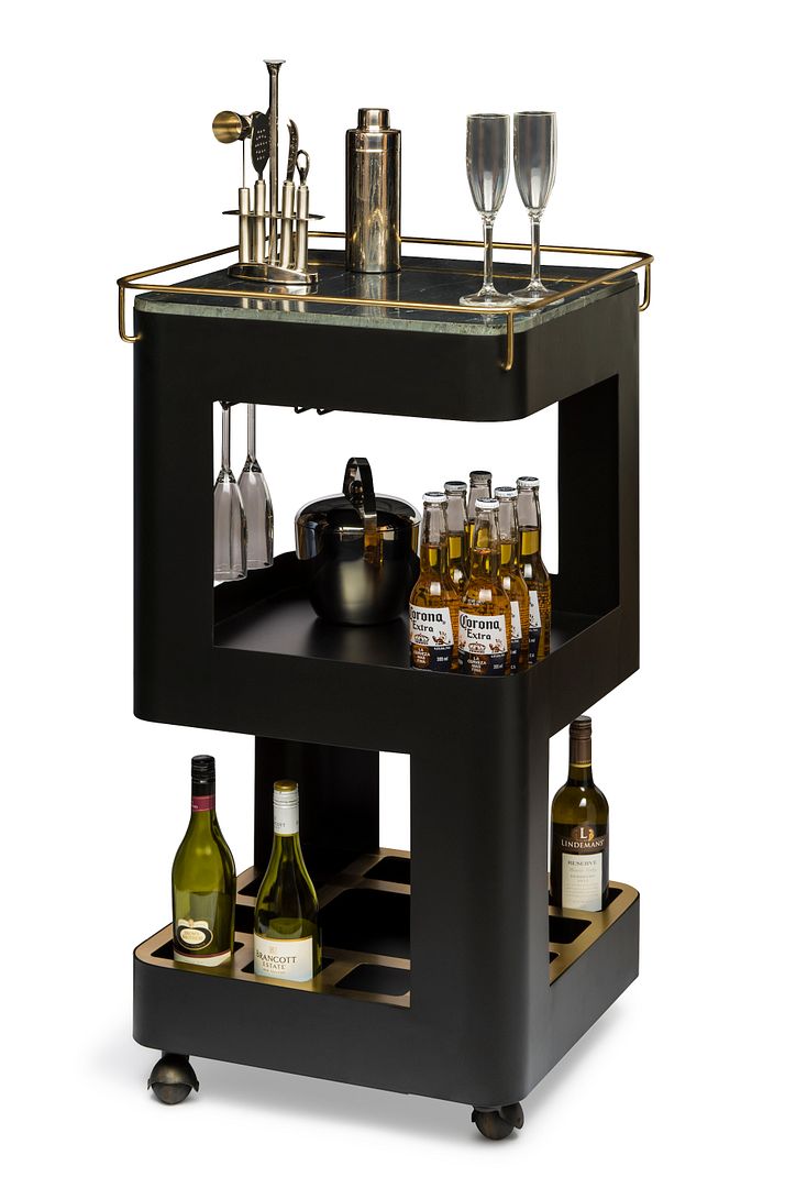 Contemporary Black Gold Drinks Trolley Bar Cart with Marble Top