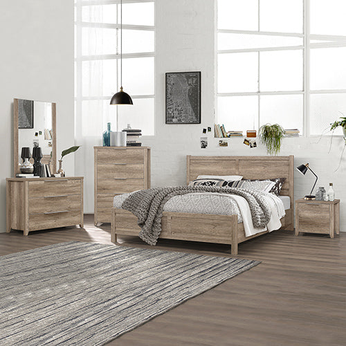 5 Pieces Bedroom Suite Natural Wood Like MDF Structure Double Size Oak Colour Bed, Bedside Table, Tallboy & Dresser