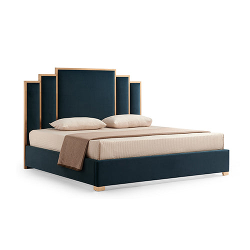 Austin Bed Frame Polyester Turquoise Fabric Padded Upholstery with High-Quality Slats and Polished Stainless Steel Feet