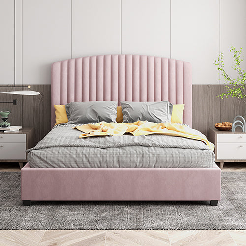 Camelia King Single Size Bed Frame Pink Velvet Upholstery High Headboard Quality Slats Metal Structure