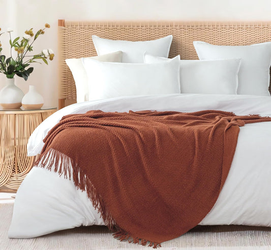 Micro Plush Knitted Woven Throw Blanket - Terracotta