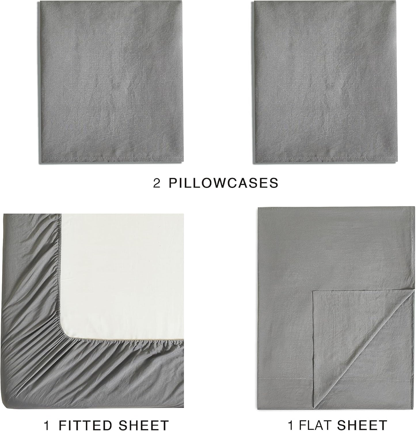 Vintage Washed Microfibre Sheet Set with 1 Pillowcase - Grey - Single