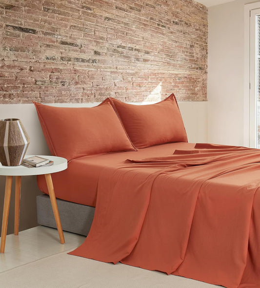 Vintage Washed Microfibre Sheet Set with 1 Pillowcase - Terracotta - Single