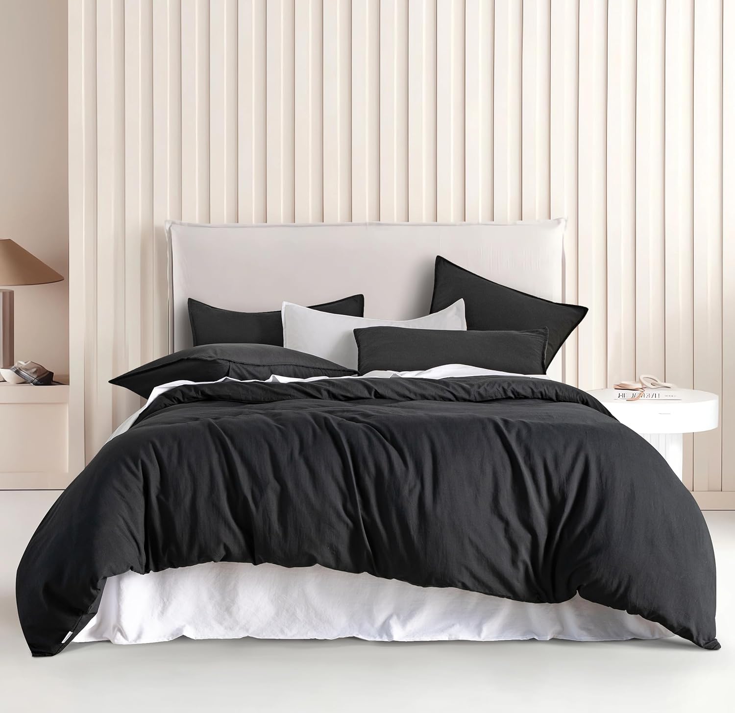 Vintage Washed Microfibre Quilt Cover Set (3Pcs) - Black - Double Size