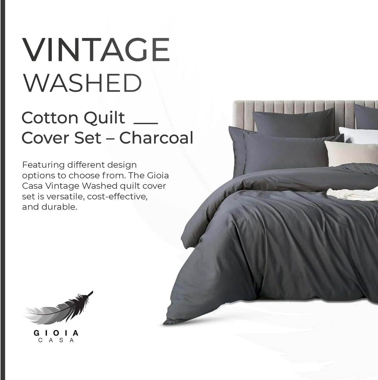 Quilt Cover Set 100% Cotton Vintage Washed (3Pcs) - Charcoal - Double Size