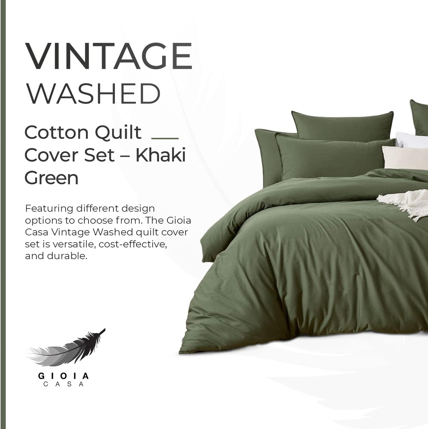 100% Cotton Vintage Washed Bed Quilt Cover Set (3Pcs) - Khaki Green - Double Size