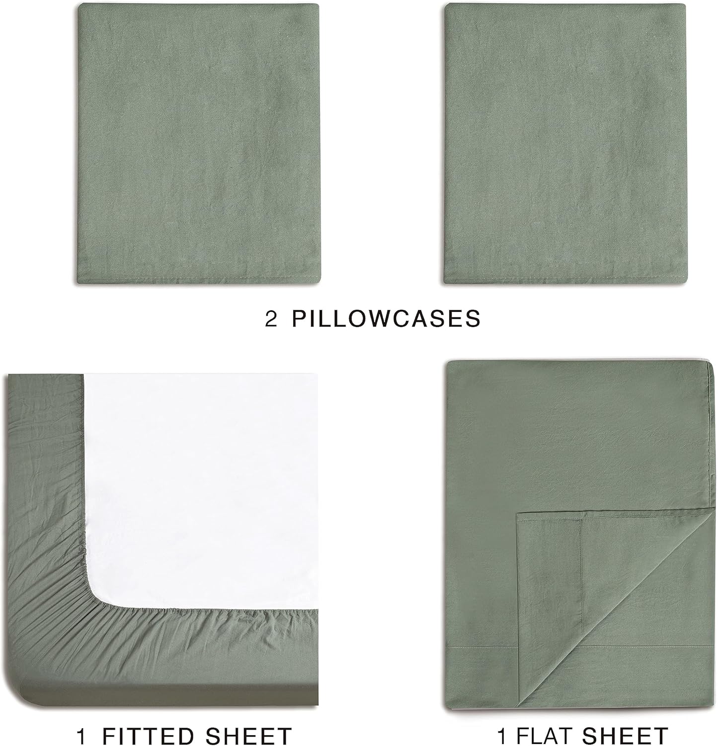 Vintage Washed Microfibre Sheet Set with 2 Pillowcases - Khaki Green - Queen