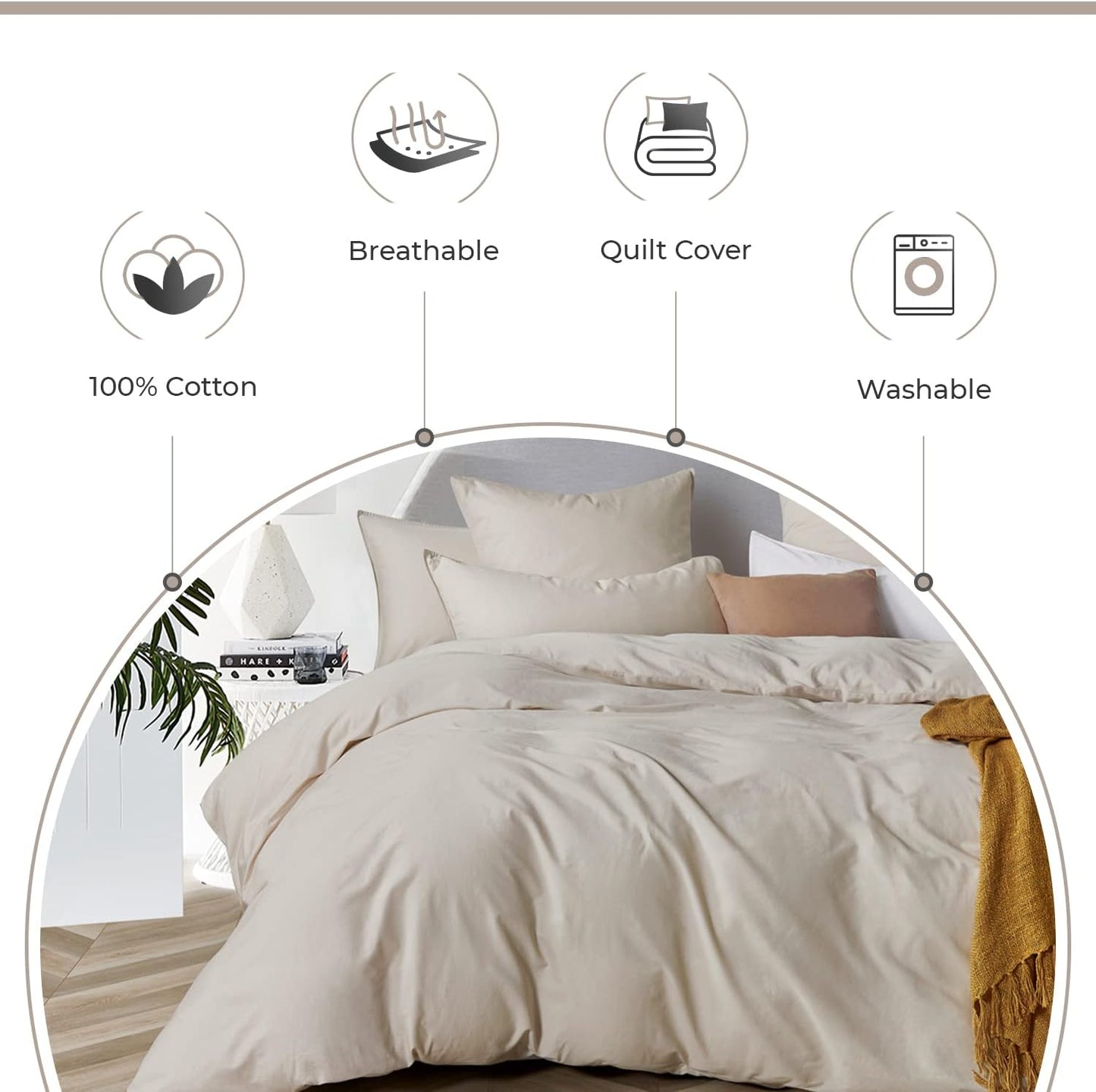 100% (3Pcs) Cotton Vintage Washed Bed Quilt Cover Set - Natural - King Size