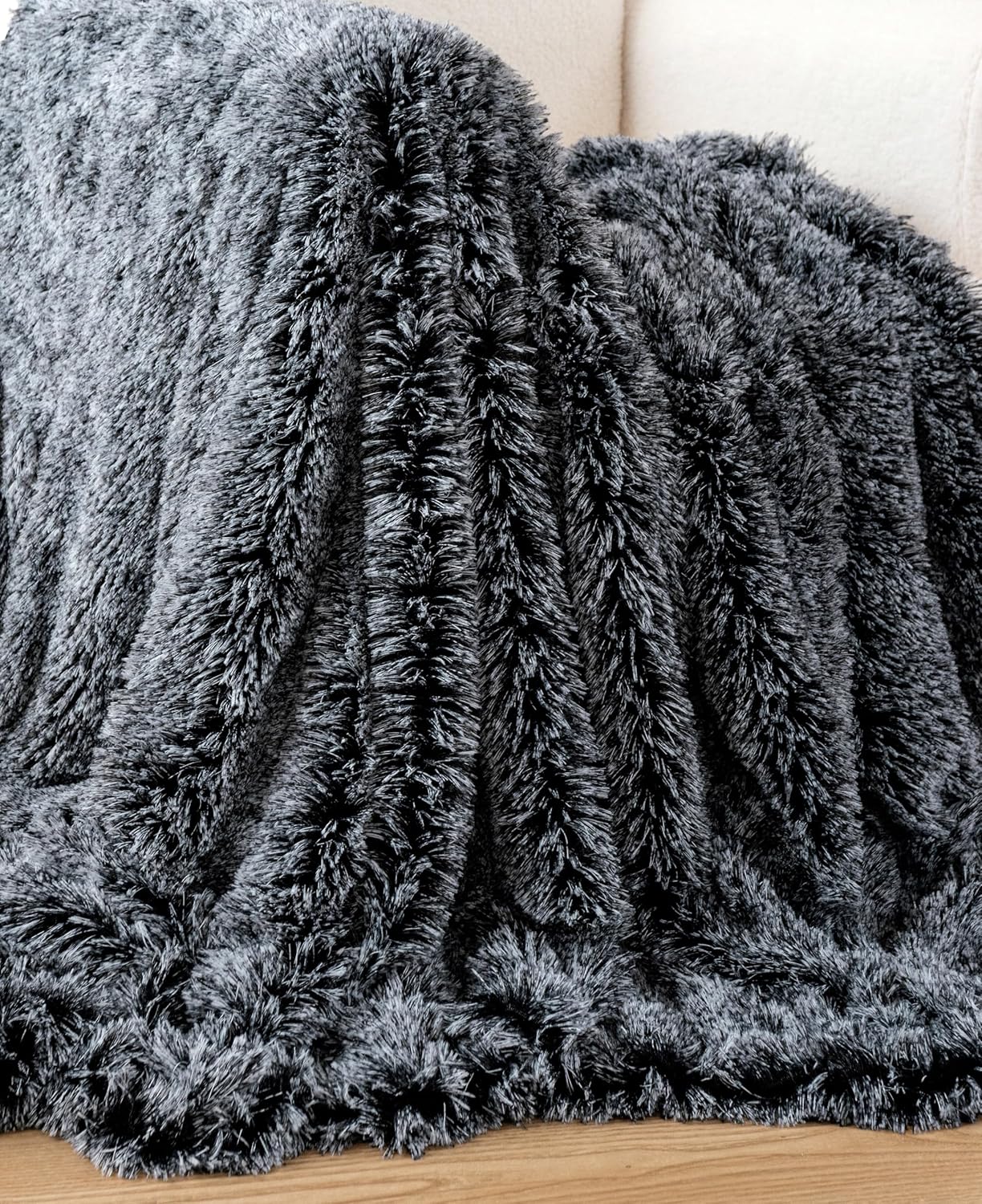 Double Sided Faux Fur Shaggy Throw Blanket - Charcoal