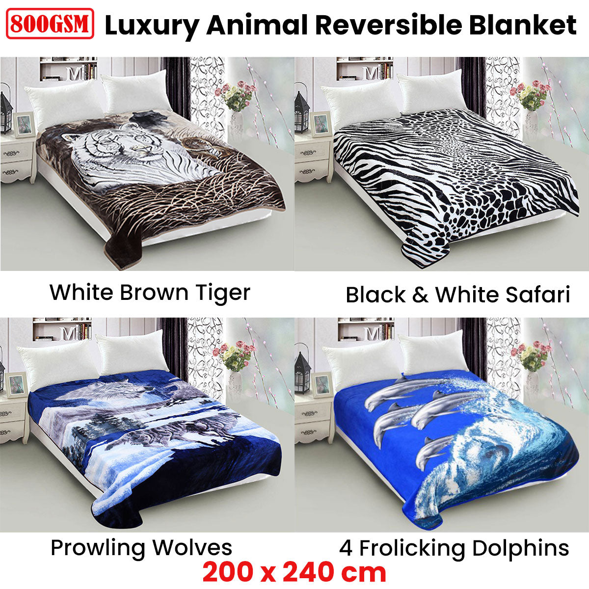 800GSM Luxury Reversible Animal Mink Blanket Queen 200 x 240 cm White Brown Tiger