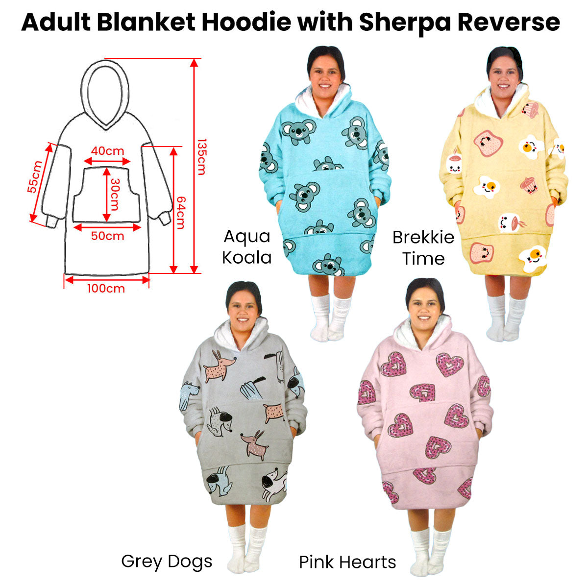 Adult Women Comfy Warm Blanket Hoodie with Sherpa Fleece Reverse Pink Hearts