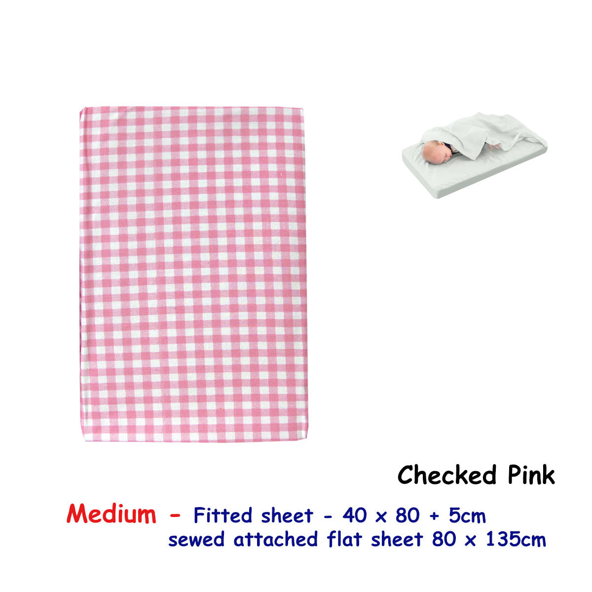 Bassinet Fitted Sheet Checked Pink with Attached Flat Sheet