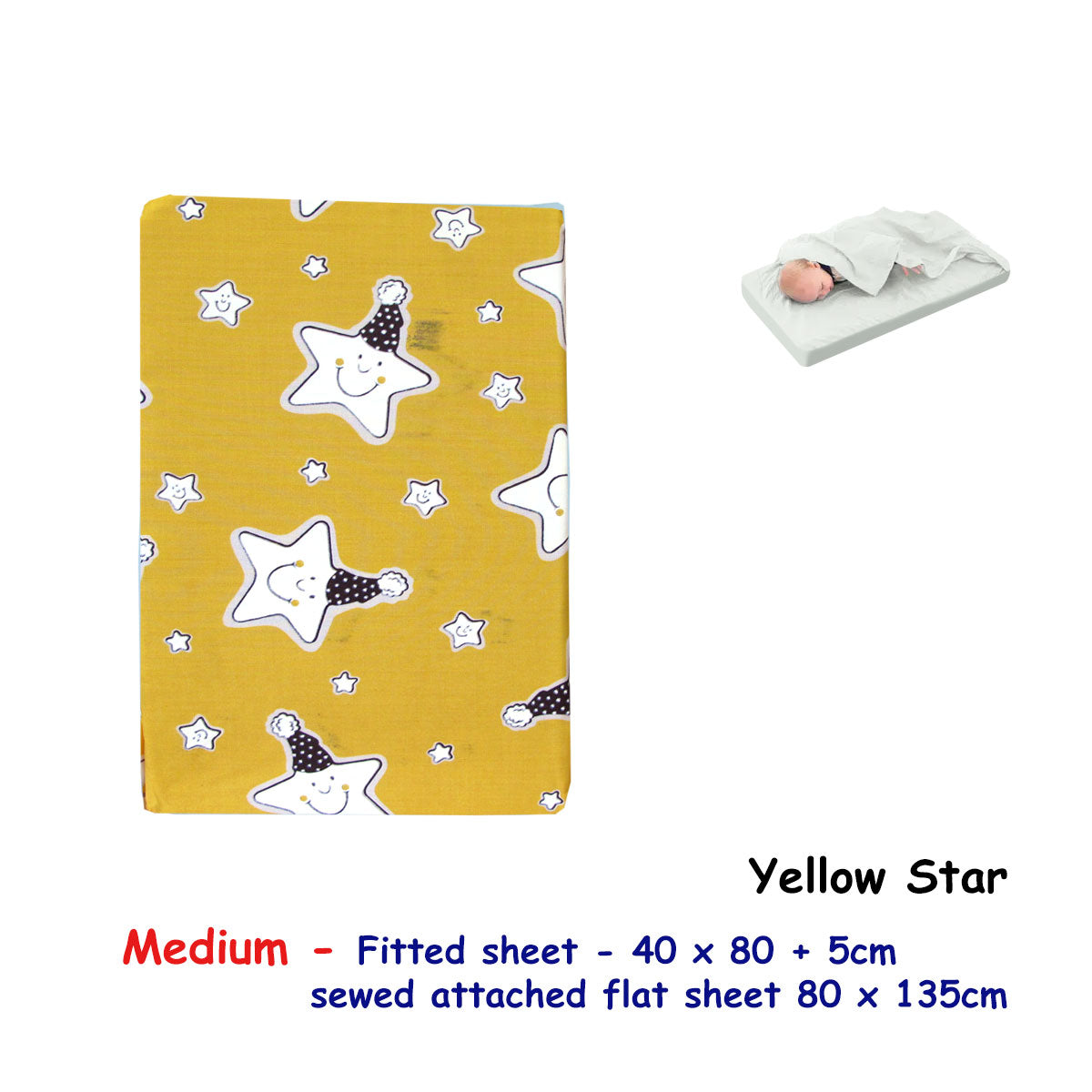 Bassinet Fitted Sheet Yellow Star with Attached Flat Sheet