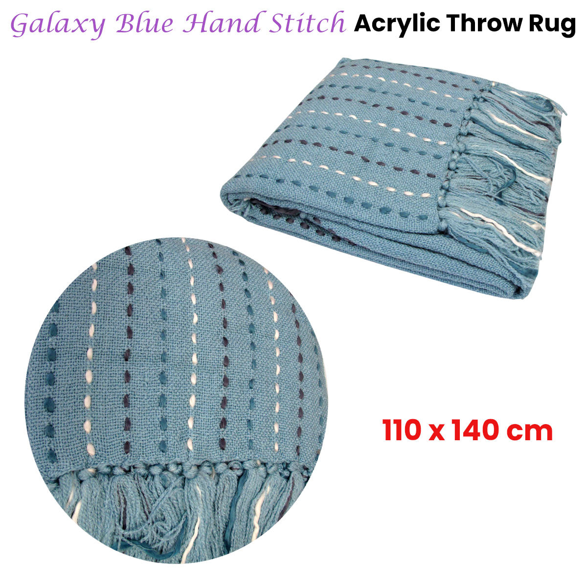 Galaxy Blue Hand Stitch Acrylic Throw Rug 110 x 140 cm