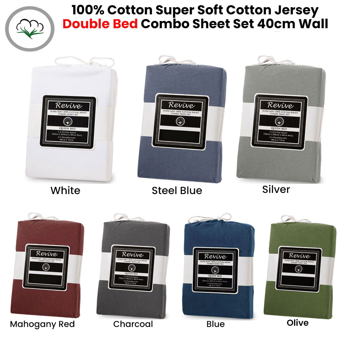 Revive Blue 100% Cotton Jersey Super Soft Fitted Sheet Combo Set Double 38cm Wall