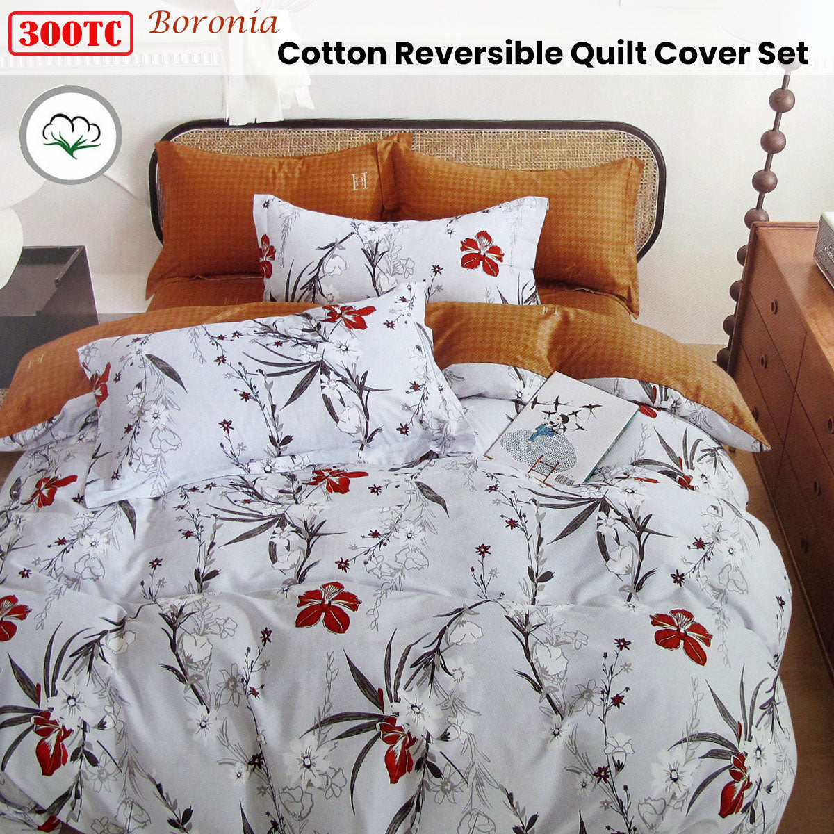 Quilt Cover Set 300TC Boronia Silver Reversible Cotton - King