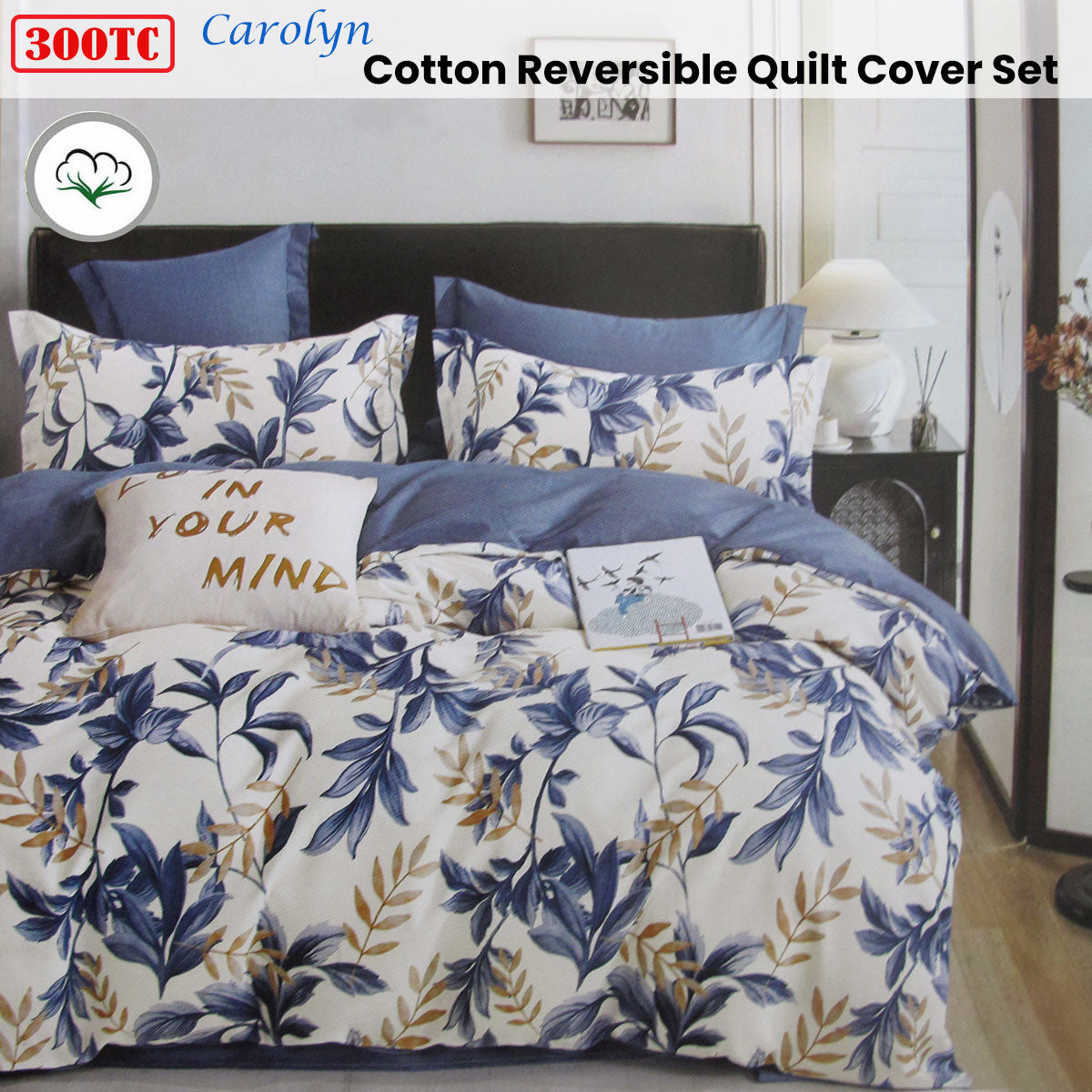 300TC Carolyn Blue Reversible Cotton Quilt Cover Set King