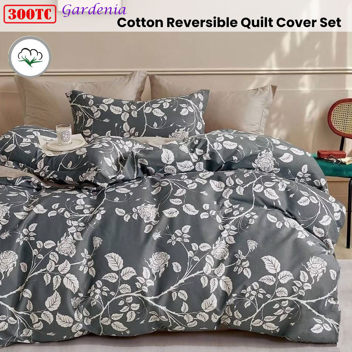 300TC Gardenia Charcoal Reversible Cotton Quilt Cover Set Queen