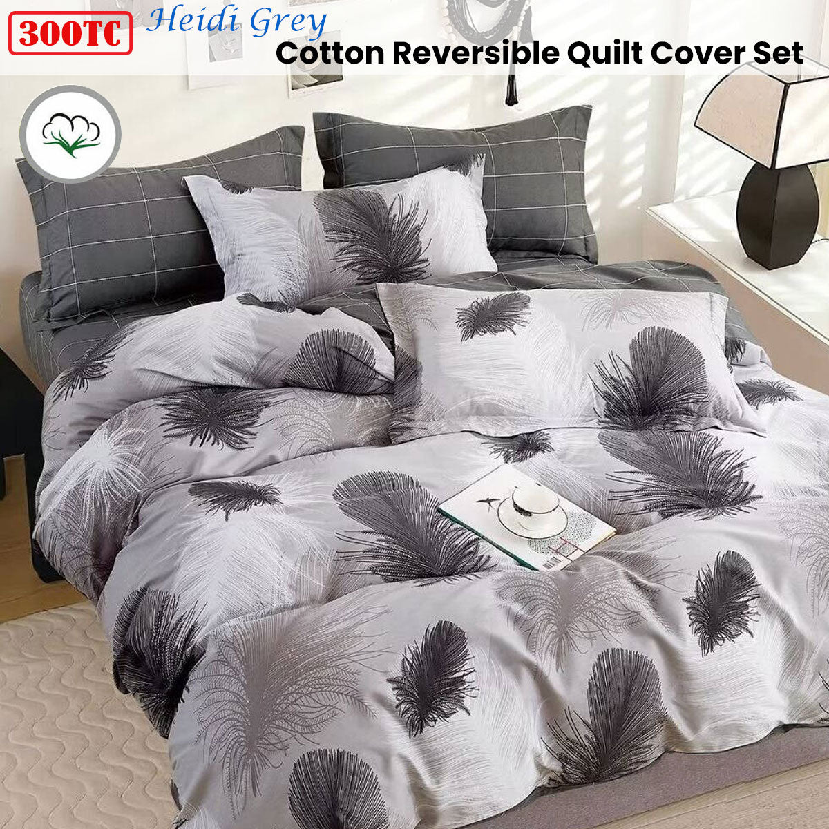 Quilt Cover Set 300TC Heidi Grey Reversible Cotton - King