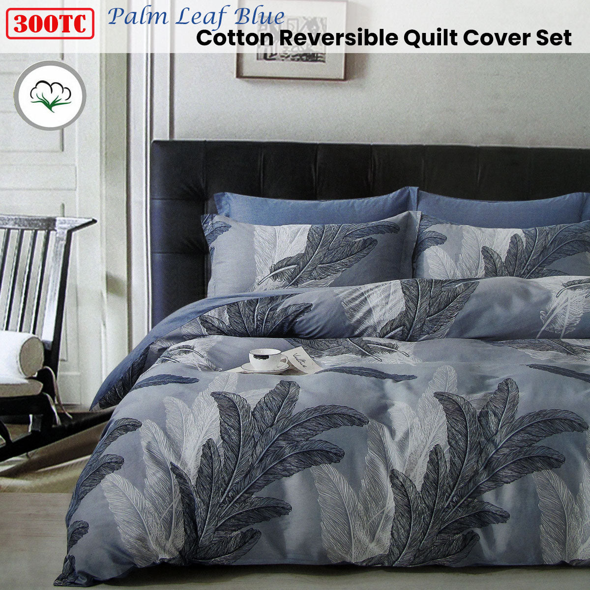 Quilt Cover Set 300TC Palm Leaf Blue Reversible Cotton - Queen