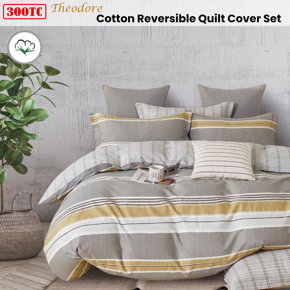 Quilt Cover Set 300TC Theodore Grey Reversible Cotton - King