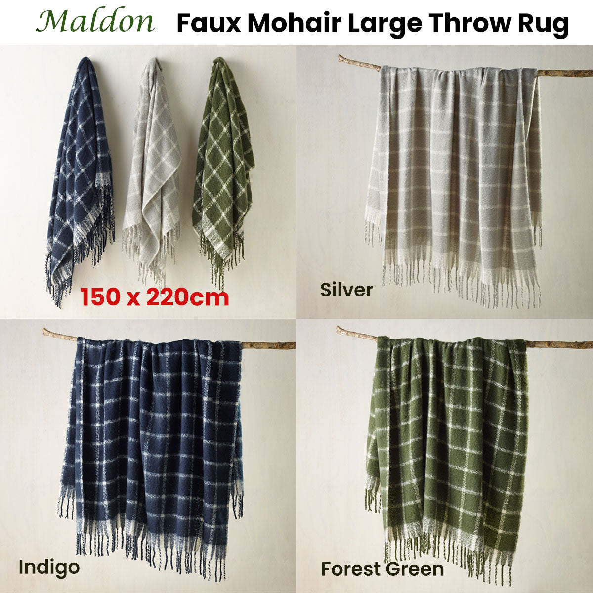 Maldon Faux Mohair Large Throw Rug 150 x 220 cm Silver